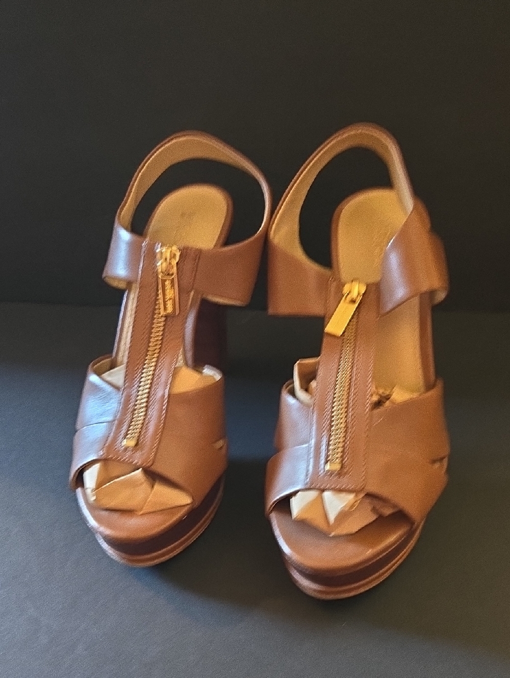 Women’s Brown Leather Platform Sandals with Front Zipper